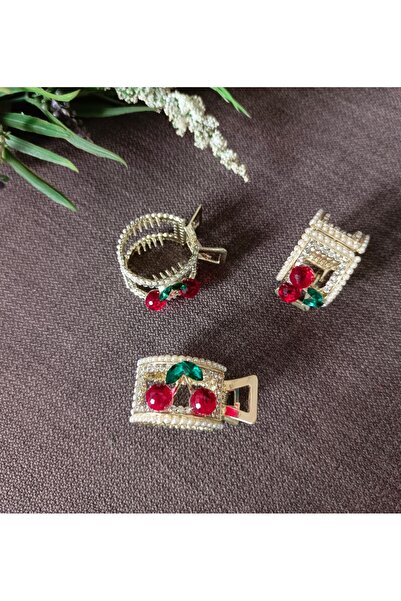 ZNS Accessories Altın Renk Kiraz Taş ve İnci Detaylı Metal Mandal Topuz Tokası