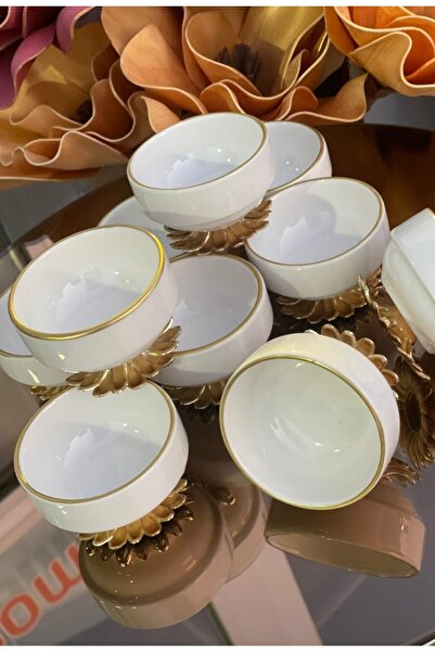 Genel Markalar 6 lı Porselen Metal Ayaklı Yaldızlı Kahve Yanı Lokumluk Şekerlik Sunumluk Sosluk Reçellik