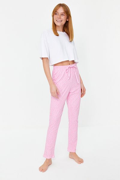 Trendyol Collection Gestrickte Pyjamahose aus rosafarbener Baumwolle mit Blumenmuster THMSS23PJ00005