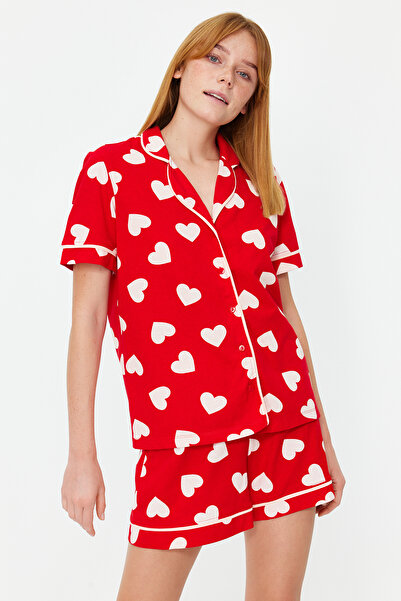 Trendyol Collection Red Cotton Pajamas Set with Heart Piping Detail - Shirt & Shorts Thmss21Pt1200