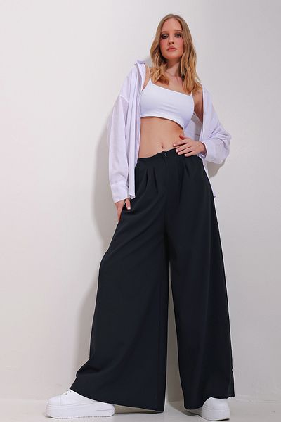 Trend Alaçatı Stili Marineblaue Damenhose mit hoher Taille, Kragen und weitem Bein, Reißverschluss vorne, ALC-X11489