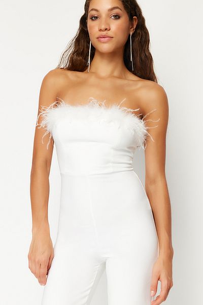 Trendyol Collection Λευκό Otrishi Woven Jumpsuit - Νυφικό φαρδύ πόδι TPRSS24TU00006