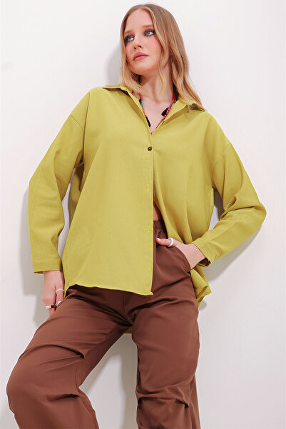 Trend Alaçatı Stili Kadın Hardal Oversize Keten Gömlek ALC-X10343