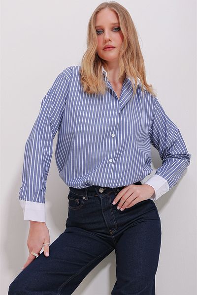 Trend Alaçatı Stili Women's Blue Collar and Cuff Garnished Striped Woven Oversize Shirt ALC-X11499