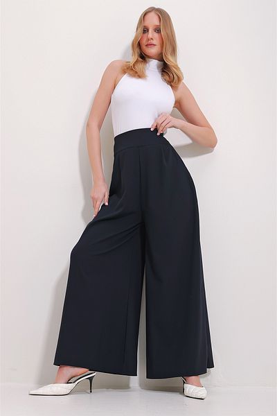 Trend Alaçatı Stili Dámské námořnické modré tkané kalhoty s vysokým pasem na zip se širokými nohavicemi ALC-X11491