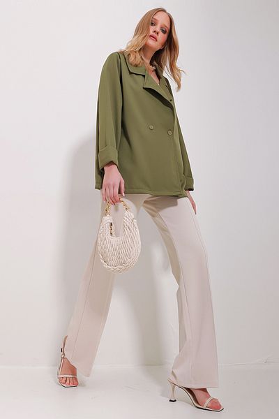 Trend Alaçatı Stili Women's Khaki Double Breasted Collar Buttoned Double Sleeve Atlas Jacket ALC-X11536