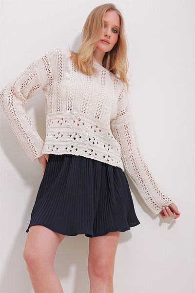 Trend Alaçatı Stili Pulover din tricot pentru femei, crem, cu gât de barcă ALC-X11521