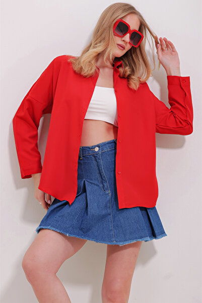 Trend Alaçatı Stili Women's Red Cuffed Cotton Basic Shirt ALC-X11494