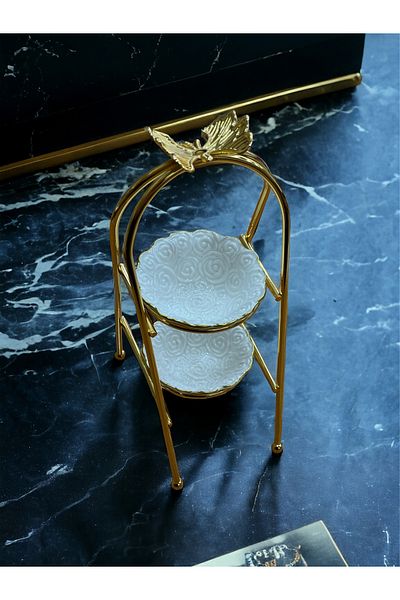 NERİVA PORSELEN 2-Tier Gold Stand Porcelain Turkish Delight Bowl with Butterfly Detail
