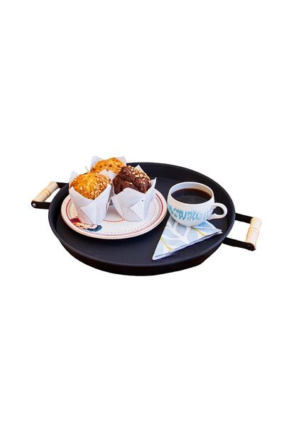 TOPTANFONİ 3 Pieces (51, 37, 24 CM) Metal Tray with Wooden Handles Tea Tray Coffee Tray Presentation Tray Set Black