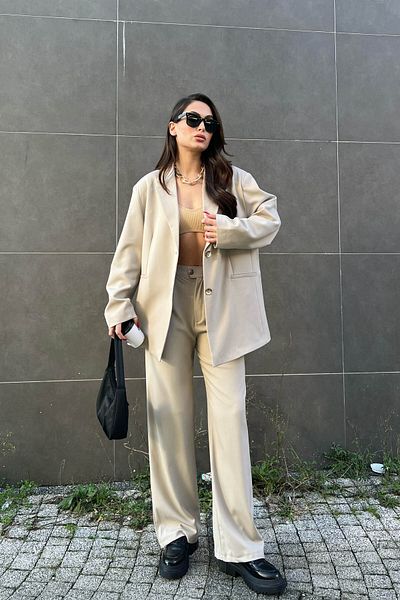 Seda Yalçın Atelier Beige Palazzo Trousers with Pleated Front