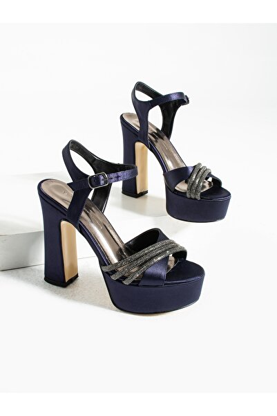 Alemdar Shoes DINA DARK BLUE Satin Stone Detailed Heeled Women's Shoes