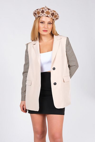 Giyim Dünyası Women's Back Houndstooth Fabric Detailed Jacket Stone