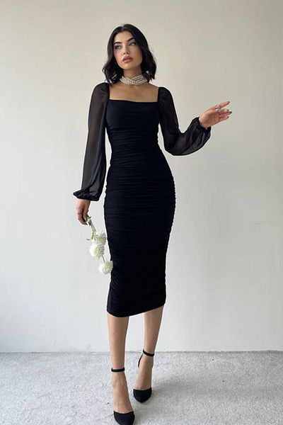 lovebox Women's Stretch Fabric Sleeves Tulle Design Square Neck Smocked Midi Black Evening Dress 211