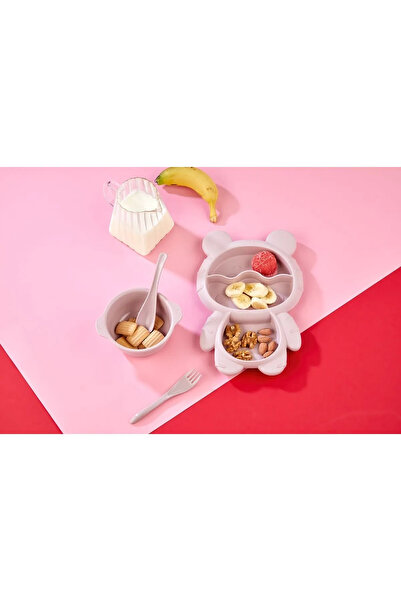 MorBebe 4 Piece Food Plate Set 3 Compartments Teddy Bear Shaped Fun Food Plate and Fork Spoon Bowl Set