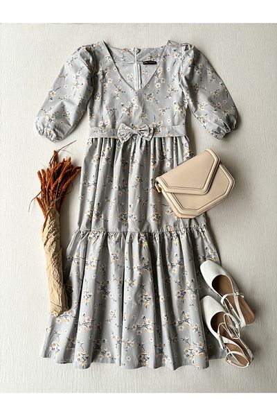 KÜÇÜĞÜM BUTİK Women's Spring Branch Gray Color V-collar Layered Poplin Dress
