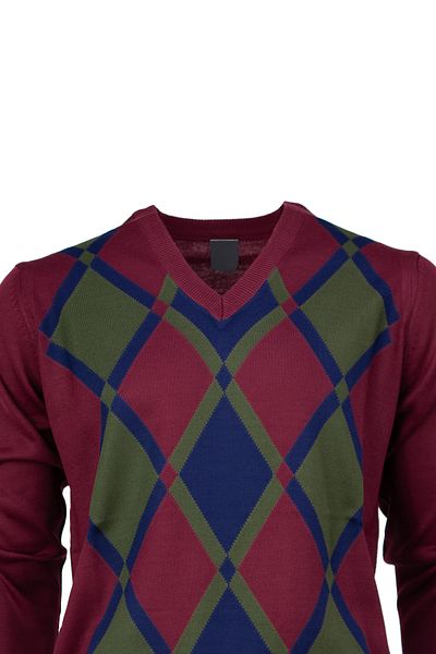 Oppland Men's Winter Natural Wool Knitted V-Neck Sweater Diamond Pattern Comfortable Full Fit Classic Model