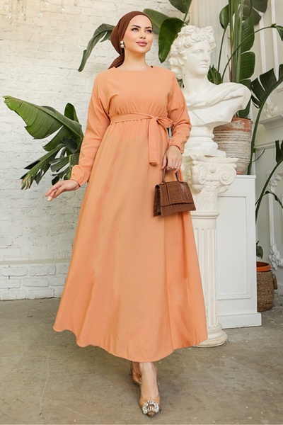 Bestenur Yarasa Kol Beli Lastikli Dorf Kuşaklı Tesettür Elbise 228 - Somon