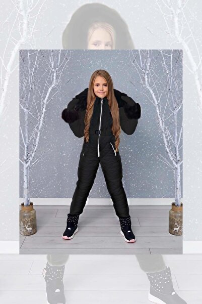 Riccotarz Girl's Hooded Black Snow Jumpsuit