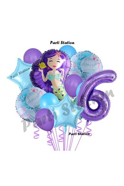Parti Station Mermaid 6 Years Old Purple Color Birthday Concept Balloon Set Mermaid Balloon Set