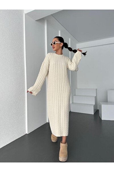 MODA DİNA Μακρύ πλεκτό φόρεμα MINGALONDON Cream Crew Neck με διχτυωτό σχέδιο