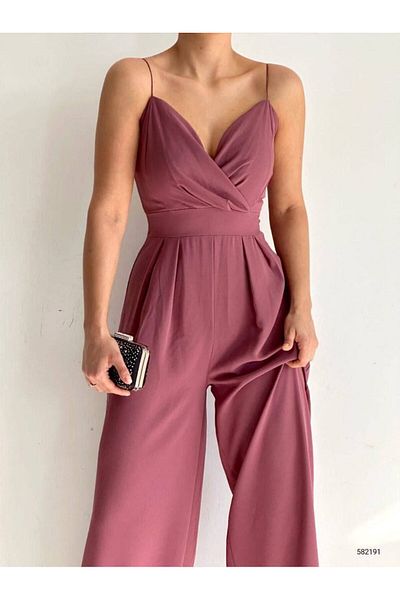 ORZUQLIFE Crepe Fabric Strappy Double Breasted Collar Evening Dress Jumpsuit