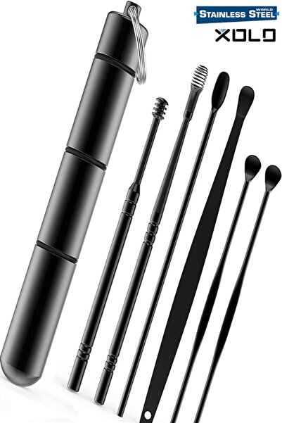 xolo Siyah Hijyenik Tüplü 7 Parça Çelik Kulak Temizleme Temizleyici Kulak Kiri Temizleme Seti