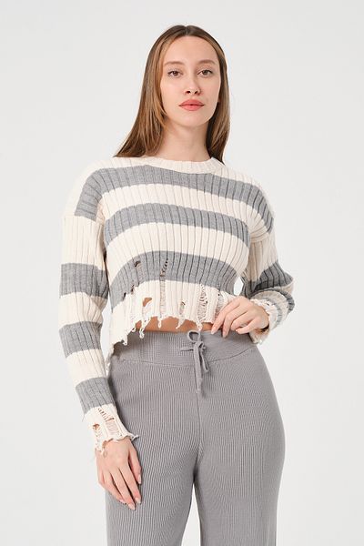 PUNKY CAT Women's Gray Ecru Striped Crew Neck Sweater