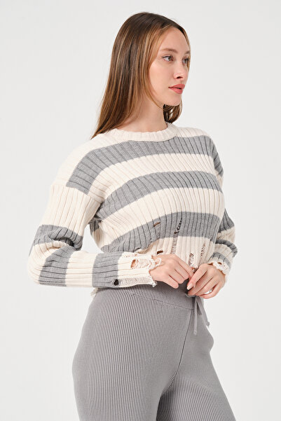 PUNKY CAT Жіночий сірий светр з смугастим коміром-стійкою