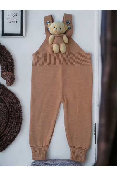 Zehrace Buttoned Baby Kids Knitwear Salopet with Teddy Bear Light Pink