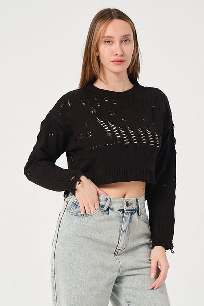 PUNKY CAT Pulover de damă negru ajurat cu decolteu triplu