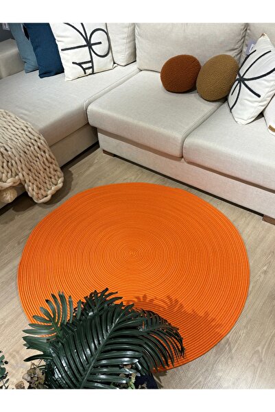 MaVaux Turuncu Jüt Yuvarlak Hasır Görünümlü Klasik Halı Kilim