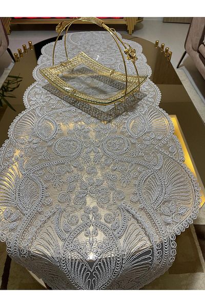 Tekstilsa Luxury Runner Salon Room Τραπεζάκι σαλονιού Τραπεζομάντιλο Γαλλικό Δαντελένιο Προίκα (ΓΚΡΙ) 1τμχ New Runner (133X45CM)