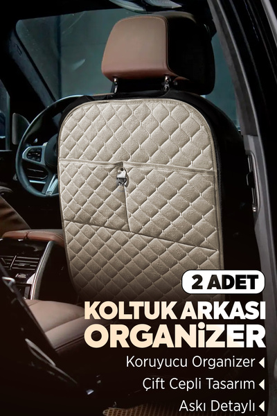 TORPEDO Tay Tüyü Kapitone Oto Koltuk Arkası Koruyucu Organizer - Araç İçi Organizeri Bej 2 Adet