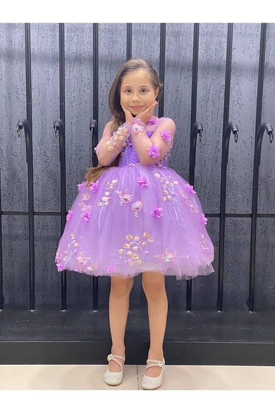 Sare Çocuk Giyim Girl's Dress Princess Flower Figured Tulle Detailed Fluffy Girl's Evening Dress Party Birthday