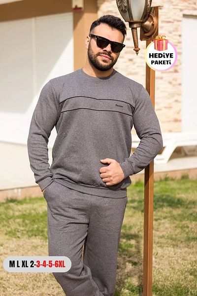 Azıcık Akıllı Σετ ανδρικής φόρμας Battal Large Size Dark Grey Thick Sweat - 21eestbakt