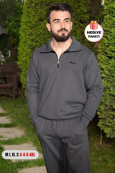 Azıcık Akıllı Σκούρο γκρι Oversize Large - Κανονικό μέγεθος Φαρδύ πόδι με μισό φερμουάρ Βαμβακερό ανδρικό σετ φούτερ 21eestyak