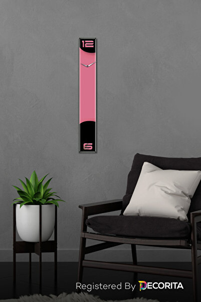 Decorita Cam Duvar Saati | Fütüristik Cam Saat | Pembe Siyah Fon | 10cm x 70cm