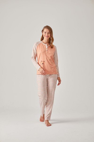 Pamuk & Pamuk Modal Cotton Women's Pajama Set - Orange Striped andRaglanSleeve Printed