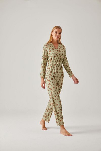 Pamuk & Pamuk Dark Green Floral Print Women's Viscose Women's Sleepwear Set with Tie Waist