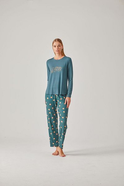 Pamuk & Pamuk Green Printed T-Shirt Polka Dot Pants Viscose Women's Pajama Set
