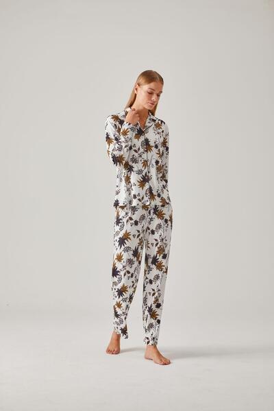 Pamuk & Pamuk Siyah Ceviz Yeşil Çiçek Desen Önden Düğmeli Viskon Kadın Pijama Takımı