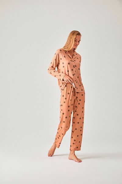 Pamuk & Pamuk Salmon Polka Dot Patterned Buttoned Pajama Set
