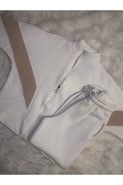 SOTE FASHION Cream Detailed White Oversize Tracksuit Set