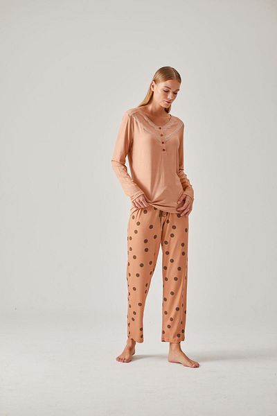 Pamuk & Pamuk Salmon Lace T-Shirt Polka Dot Patterned Viscose Women's Pajama Set