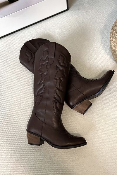 POLKA STORE Texas Bitter Brown κεντημένες μακριές γυναικείες καουμπόικες μπότες Western μέχρι το γόνατο