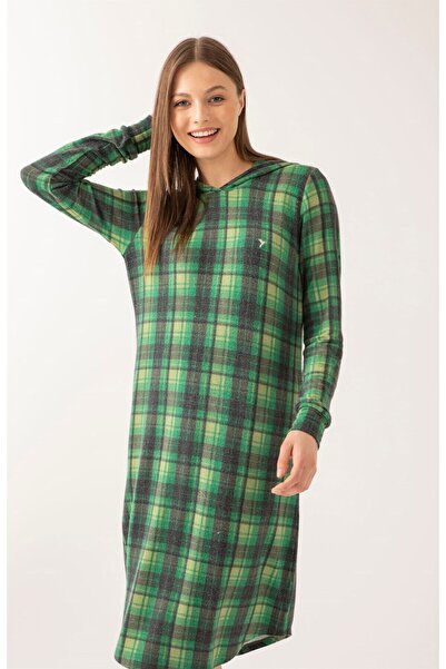 Pamuk & Pamuk Πράσινο καρό γυναικείο νυχτικό με κουκούλα