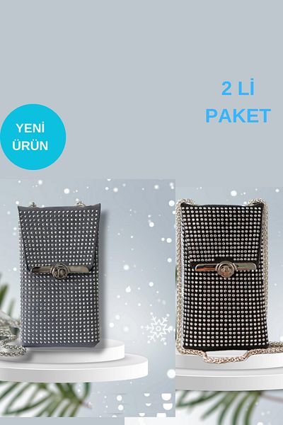 madamlina Pack of 2 New Year's New Year's Gift Women's Shiny Rhinestone Chain Shoulder Strap Phone Bag Wallet