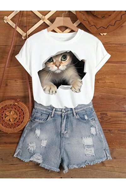 AEMİ Tricou oversize unisex cu imprimeu de pisici cu decolteu triplu