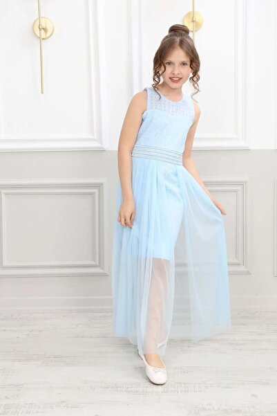 Your Consent Belden Tülllü Zarif Kız Çocuk Mavi Mezuniyet Düğün Abiye Elbise